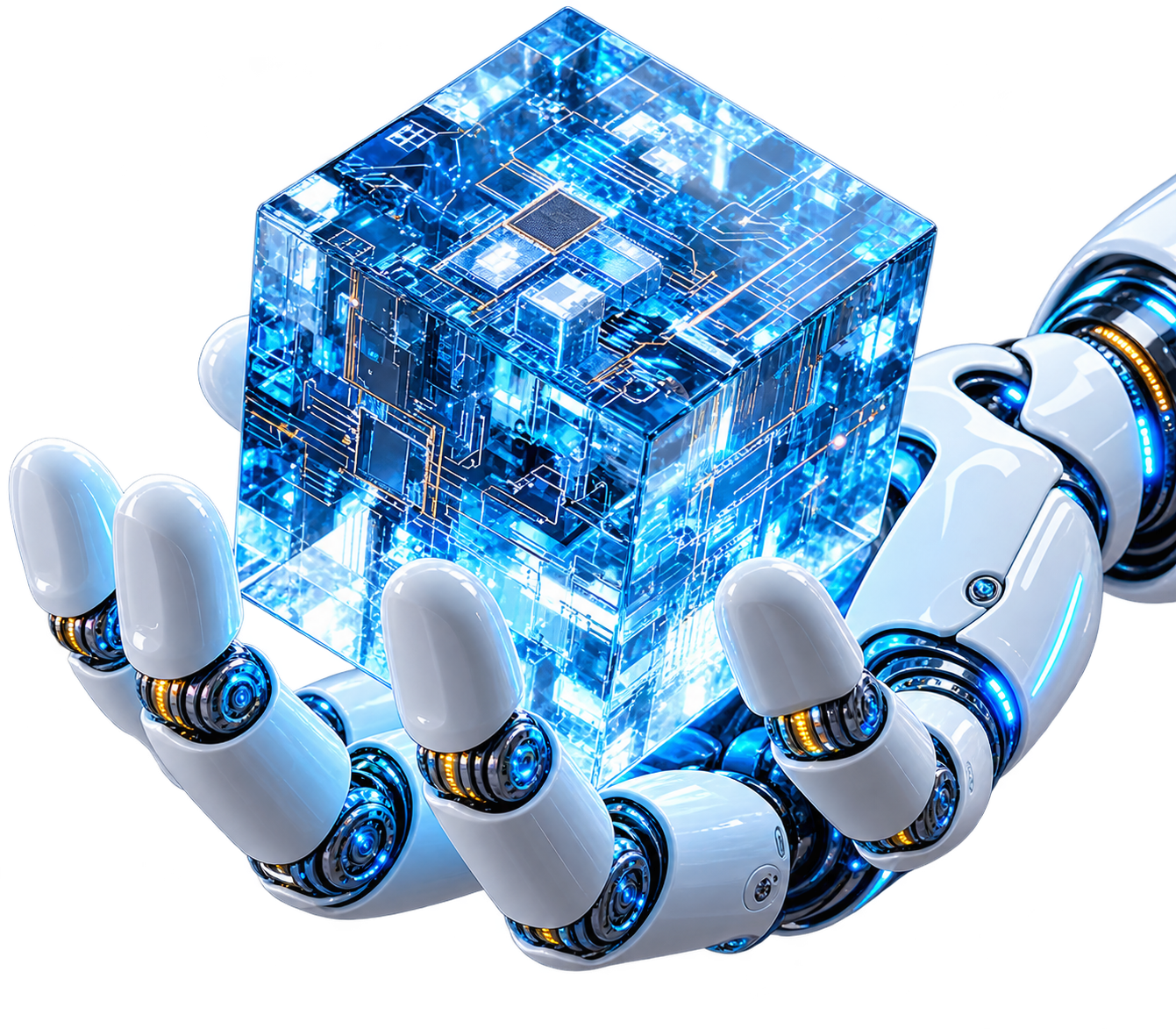 AI solutions — robot working on a laptop with intelligent automation