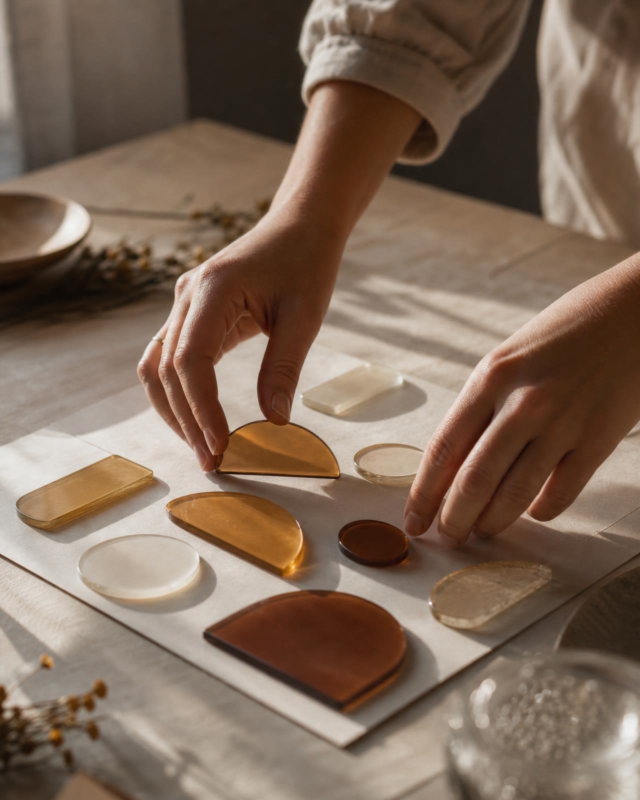 Hands arranging warm amber and cream glass forms — the quiet craft of building something that lasts.