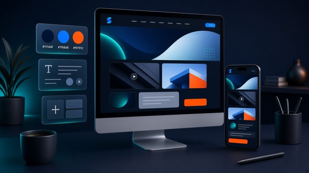 Custom website design mockups on a large monitor with color swatches and a mobile preview