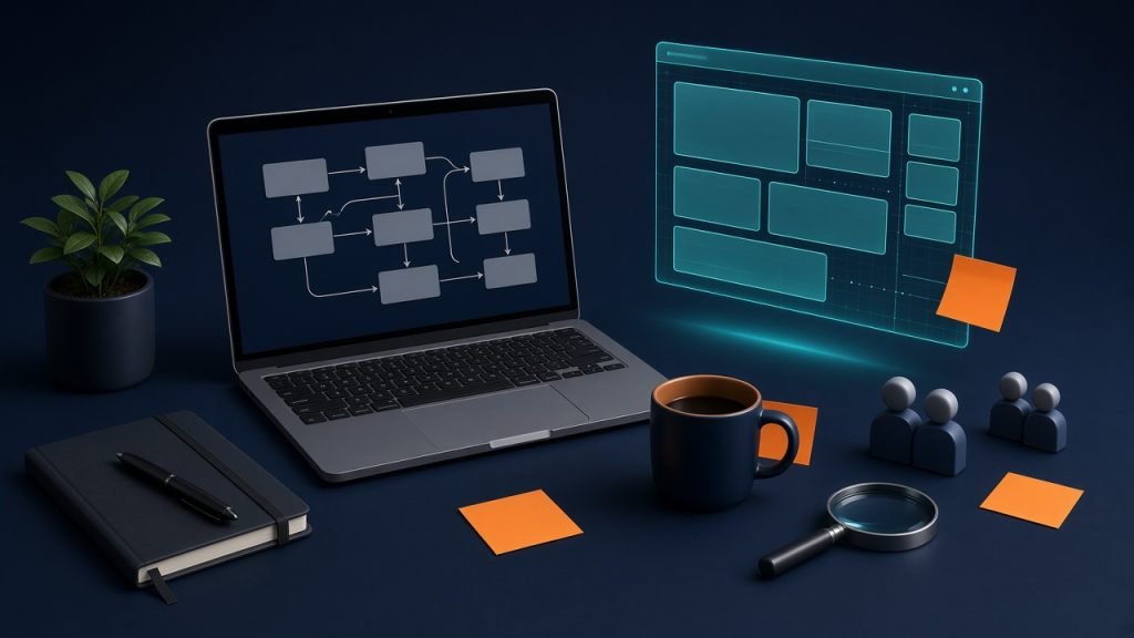 Discovery workshop desk with a sitemap on a laptop and floating wireframes