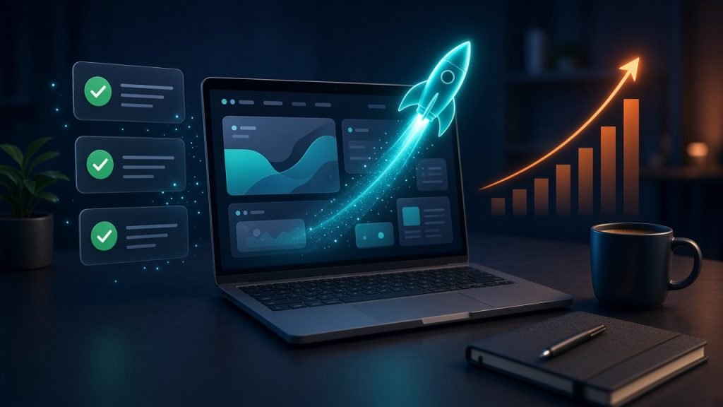 Website launch checklist beside a laptop going live